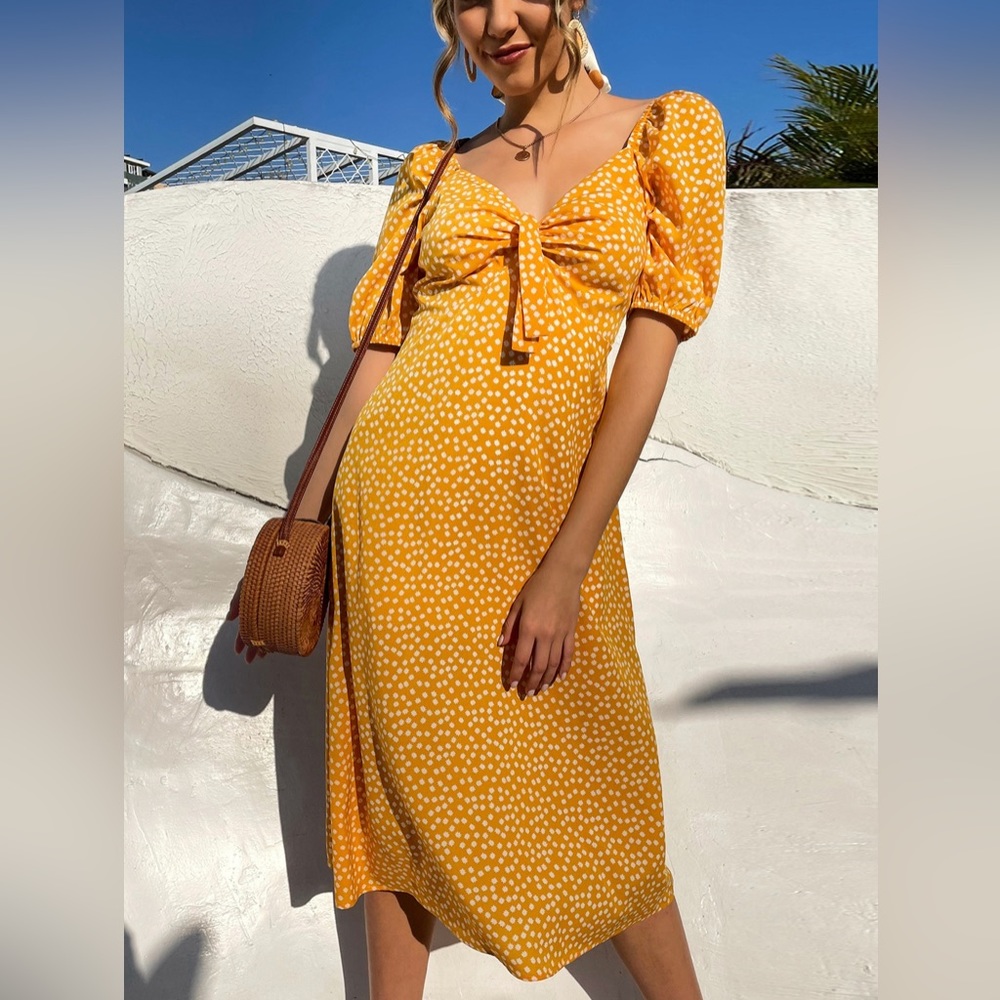 Puff Sleeve Tie Front Ditsy Floral Dress
